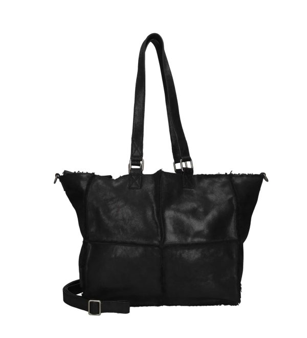 LANA wide tote black leather bag reversible tote with spacious interior and crossbody strap