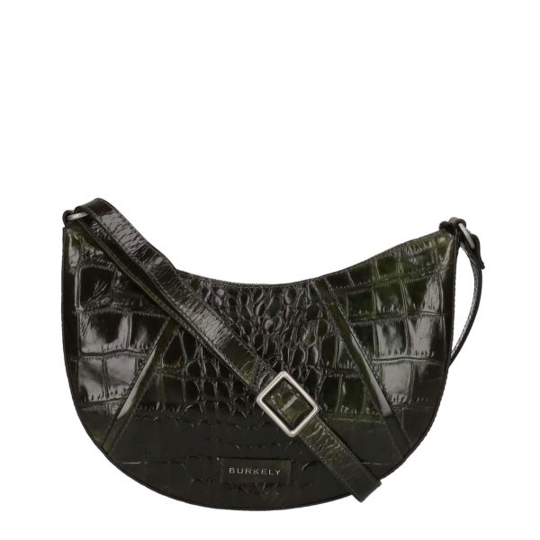 Feminine round leather shoulder bag with zip closure, interior and back pockets, ideal for daily use