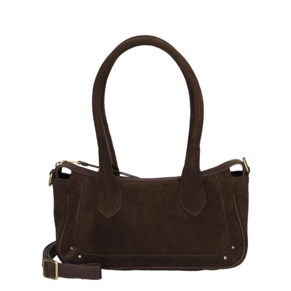 Stijlvolle donkerbruine Sierra Handbag van suède met stevige handvatten, verstelbare crossbody band en ruim hoofdvak met ritssluiting