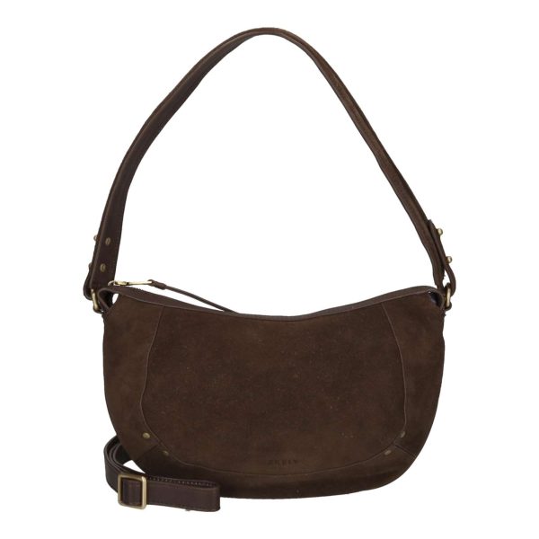 Suède SIERRA schoudertas in warm bruin met zichtbare stiksels, antique brass studs en verstelbare schouderband.