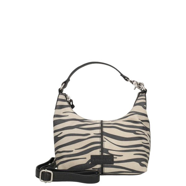 ANIMO 3WAY CROSSBODY BAG in printed suède met zebraprint, multifunctionele dames tas met ritssluiting en verstelbare band, draagbaar als crossbody, over de schouder of in de hand.